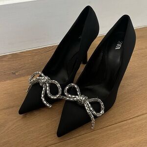 Zara Black Satin Pointed Heels with Crystal Bow Detail